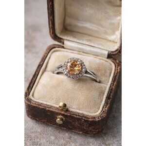 Sterling Silver Halo Ring Champagne CZ Center Stone Size 7